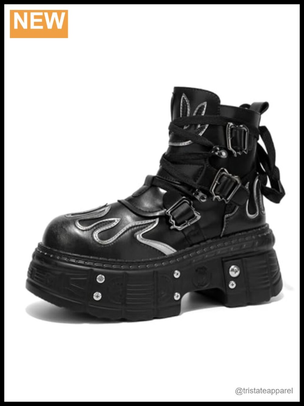 Men's Leather Platform Motorcycle Ankle Boots Flame Pattern Side Zipper Buckle